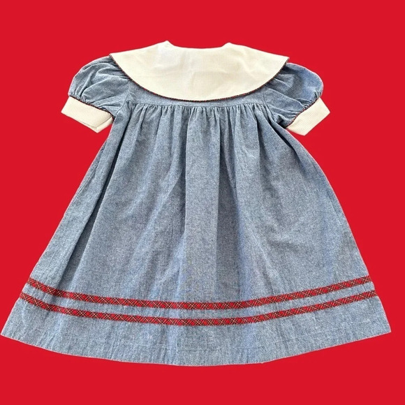 Vintage 1980s Bonnie Jean Girls size 5 Cherry Chambray School Dress Plaid Blue - Picture 6 of 6